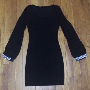 Black Bodycon Mesh Long-sleeves with Beads Dress